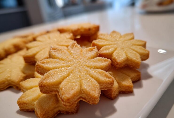 Close-up of golden, flower-shaped butter cookies stacked on a white plate, sprinkled with sugar.