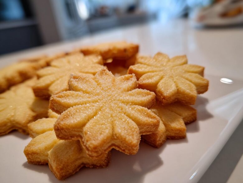 Close-up of golden, flower-shaped butter cookies stacked on a white plate, sprinkled with sugar.