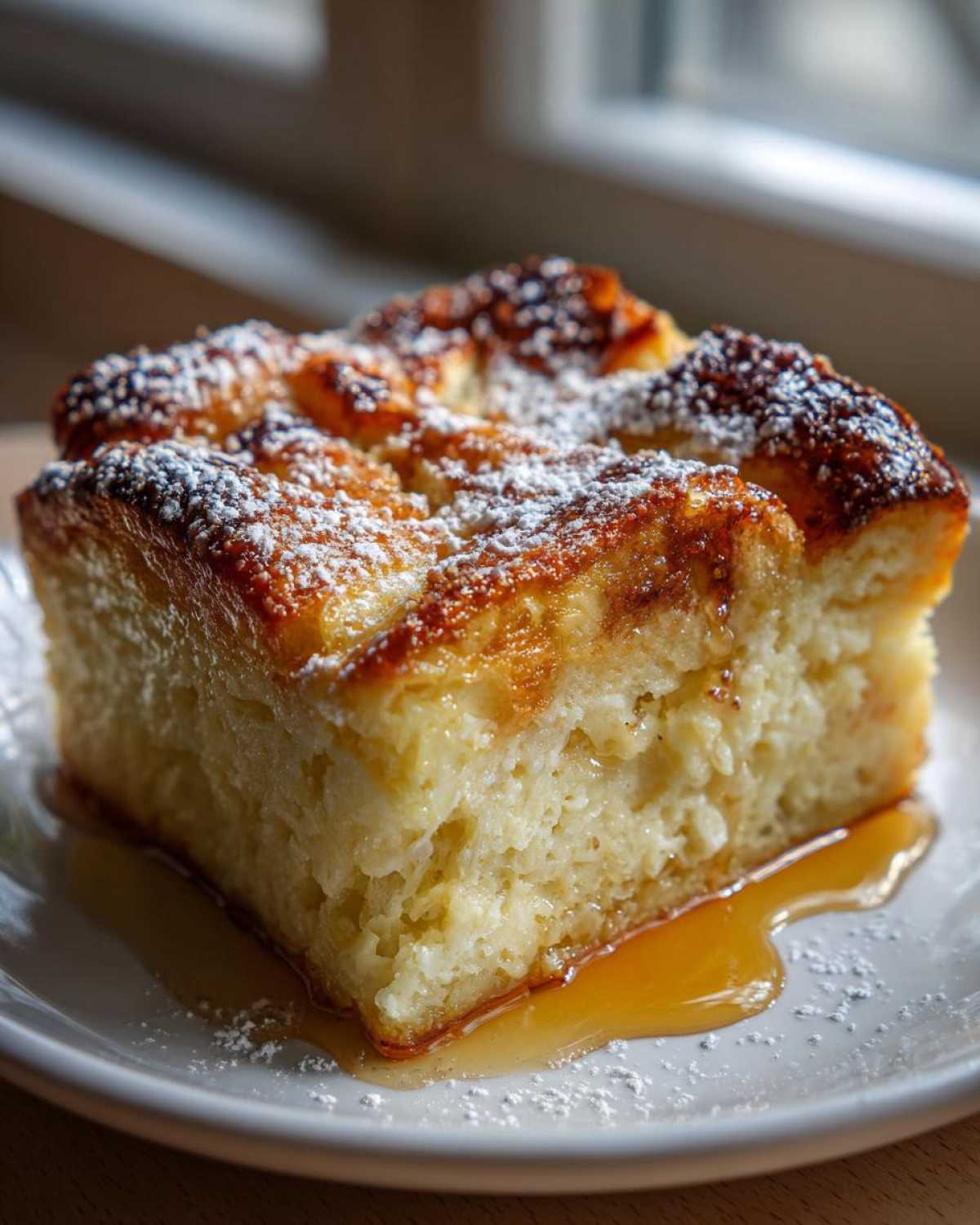 A square serving of moist baked french toast, topped with powdered sugar and drizzled with maple syrup.