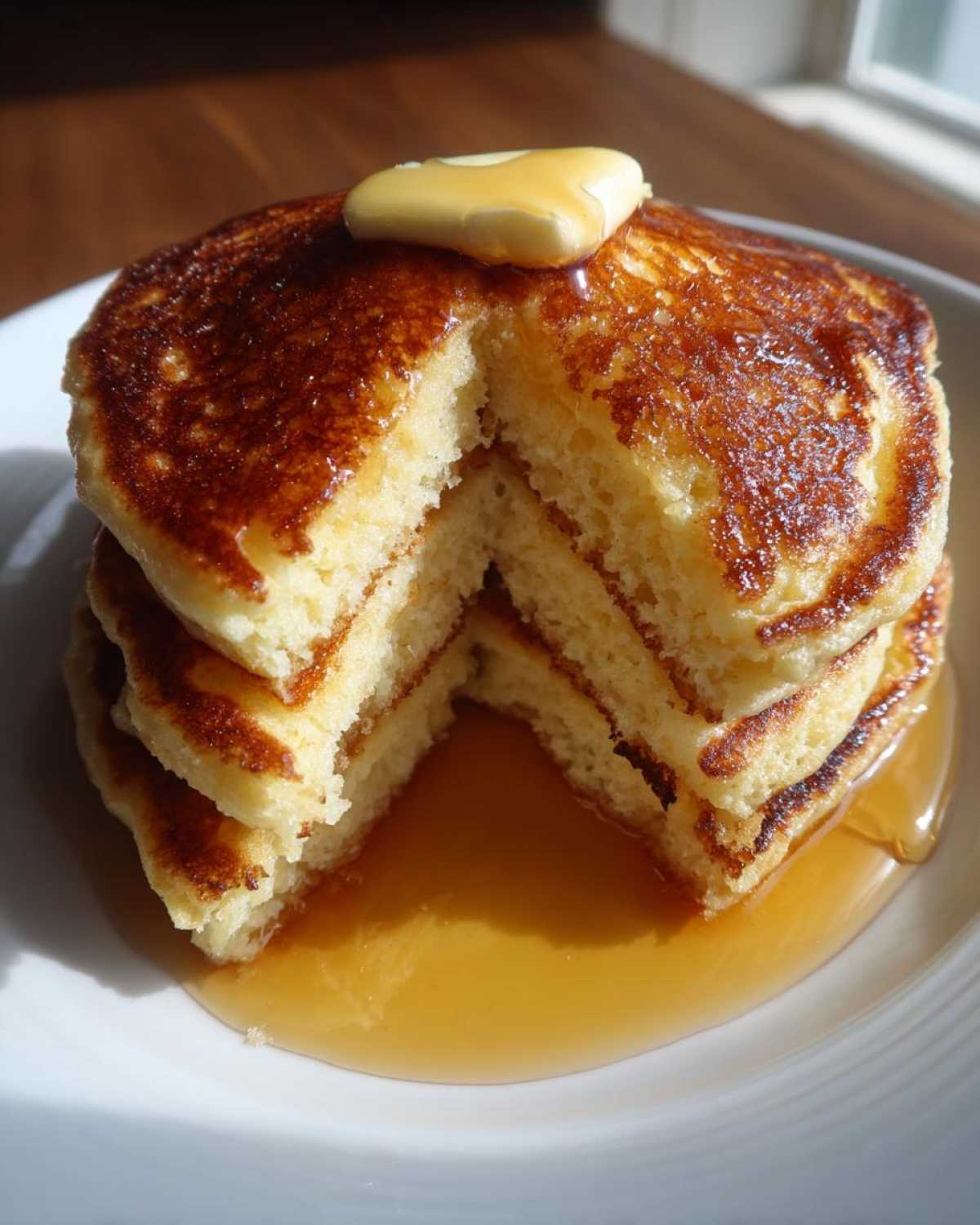 Close-up of a tall stack of fluffy buttermilk pancakes, cut open to show the interior, topped with melting butter and syrup.