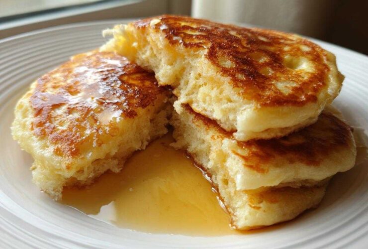 Close-up of fluffy buttermilk pancakes stacked and broken open, drizzled with golden syrup.