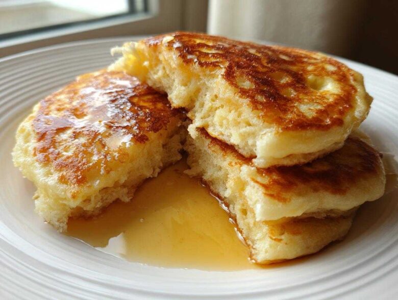 Close-up of fluffy buttermilk pancakes stacked and broken open, drizzled with golden syrup.
