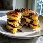 A stack of three fluffy chocolate chip pancakes cut open to show melted chocolate inside, topped with more chips.