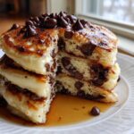A tall stack of fluffy chocolate chip pancakes, cut to show the interior, drizzled with syrup and topped with chips.