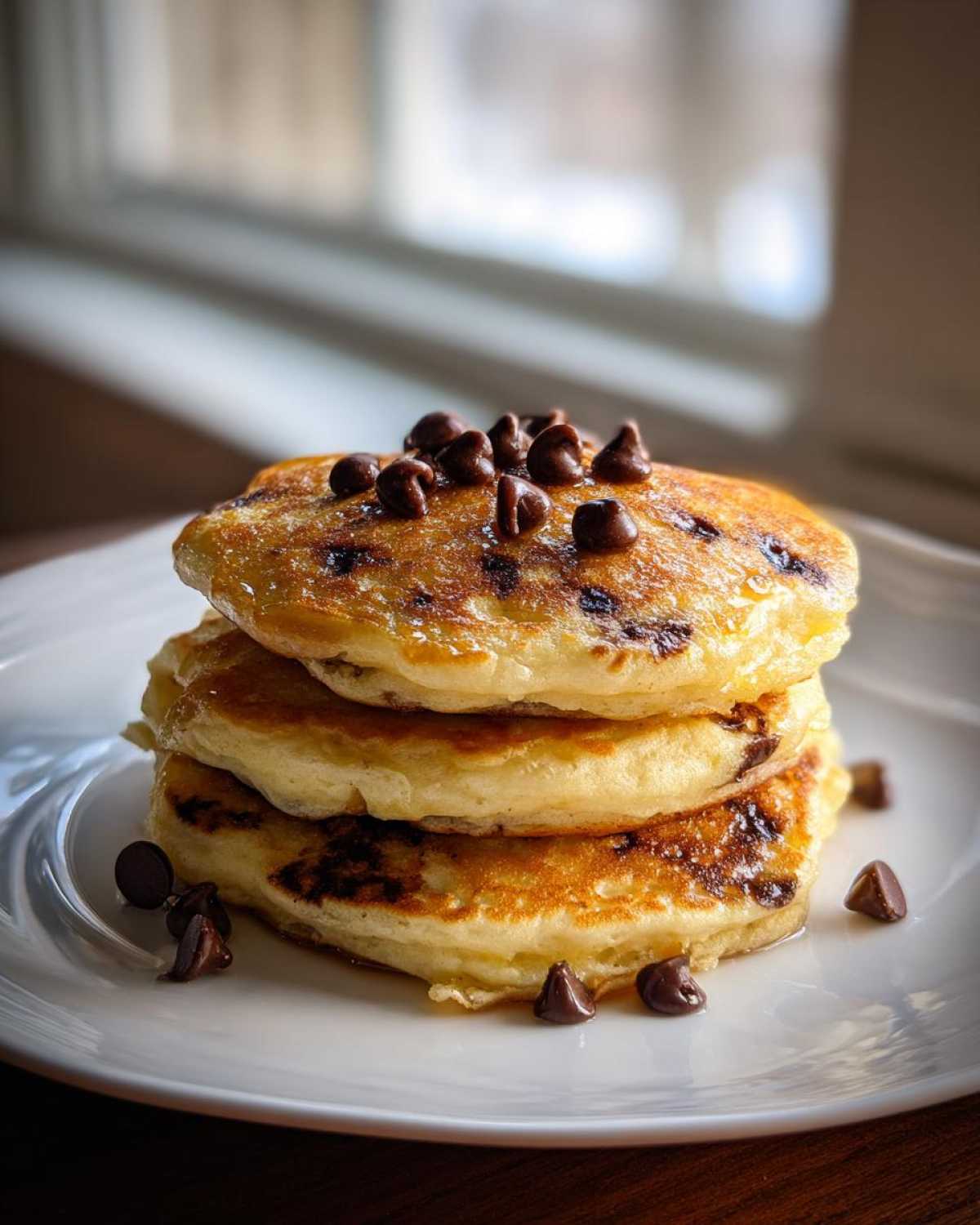 A stack of three fluffy chocolate chip pancakes drizzled with syrup and topped with chocolate chips.