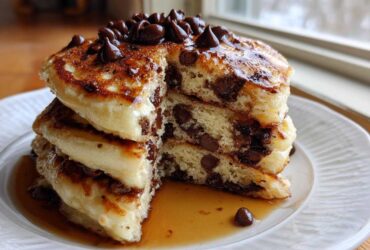 A tall stack of fluffy chocolate chip pancakes, cut to show the interior, drizzled with syrup and topped with chips.