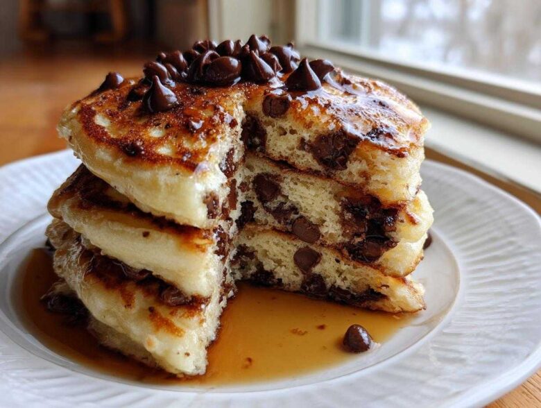 A tall stack of fluffy chocolate chip pancakes, cut to show the interior, drizzled with syrup and topped with chips.