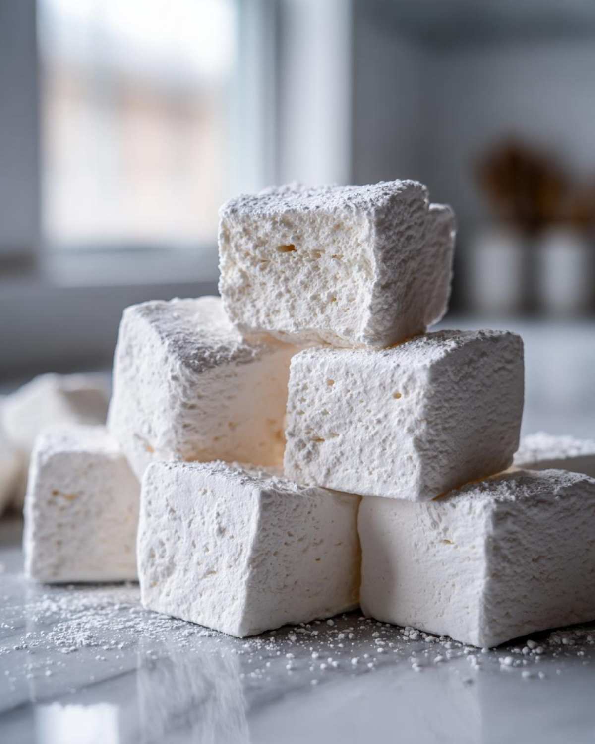 A stack of square, fluffy homemade marshmallows heavily dusted with powdered sugar on a marble surface.