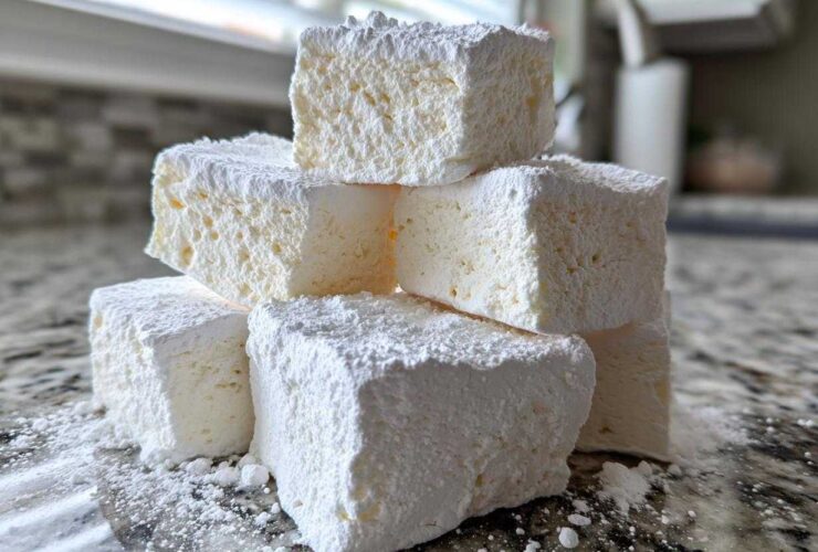 A stack of six fluffy, square homemade marshmallows heavily dusted with powdered sugar on a granite countertop.