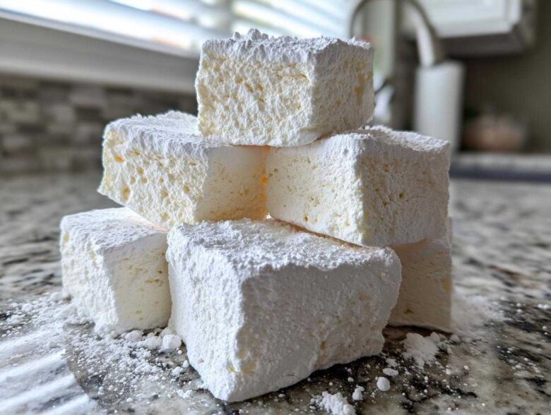 A stack of six fluffy, square homemade marshmallows heavily dusted with powdered sugar on a granite countertop.