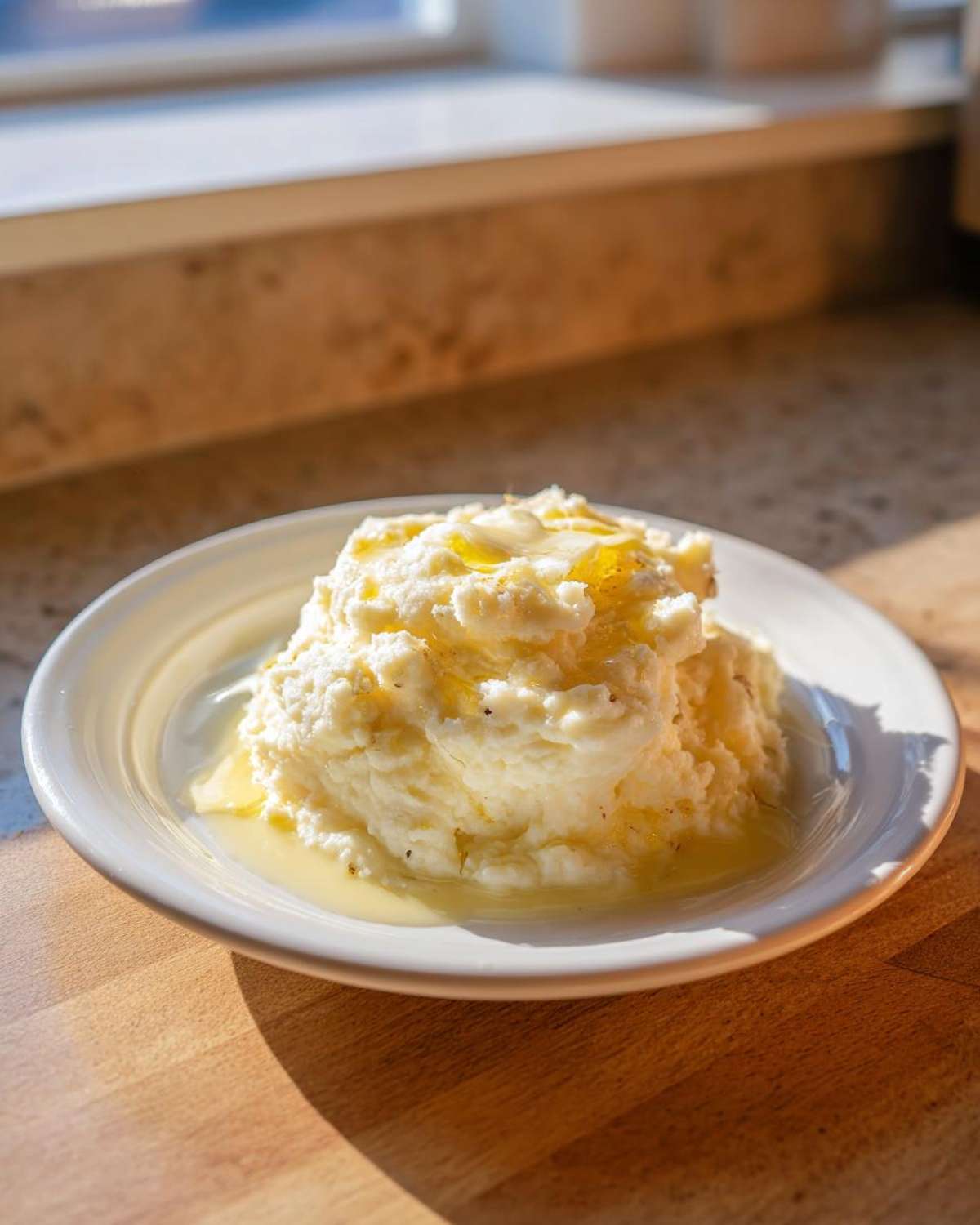 A serving of fluffy slow cooker mashed potatoes topped with melted butter on a white plate.
