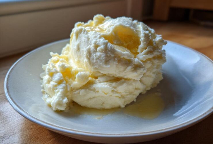 A scoop of creamy, fluffy slow cooker mashed potatoes topped with melted butter on a light-colored plate.