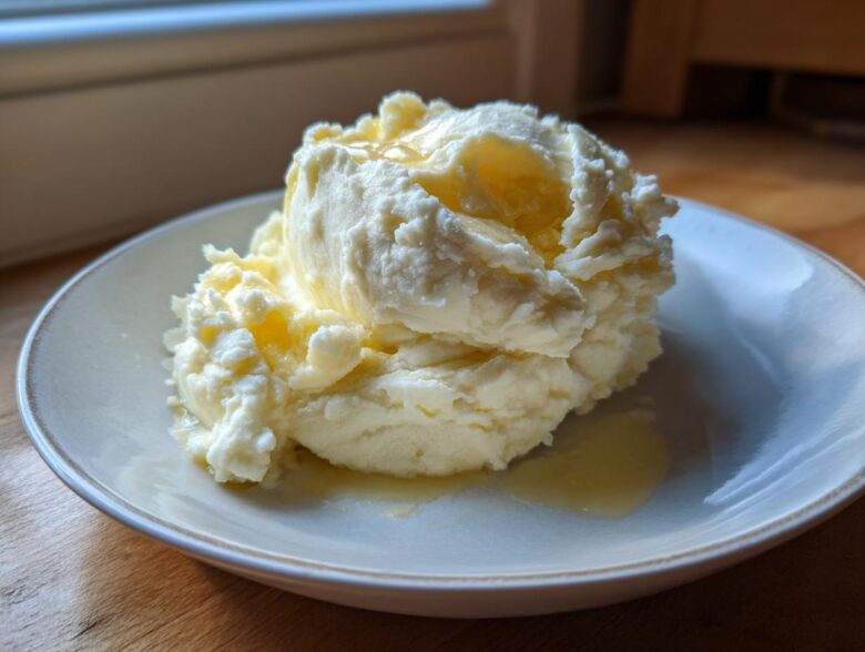 A scoop of creamy, fluffy slow cooker mashed potatoes topped with melted butter on a light-colored plate.