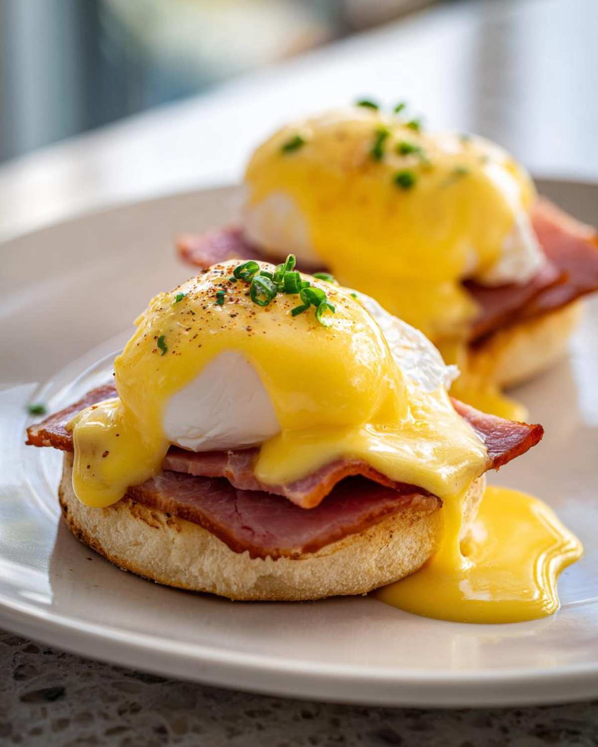 Two servings of classic eggs benedict featuring poached eggs, ham, and rich hollandaise sauce on toasted English muffins.
