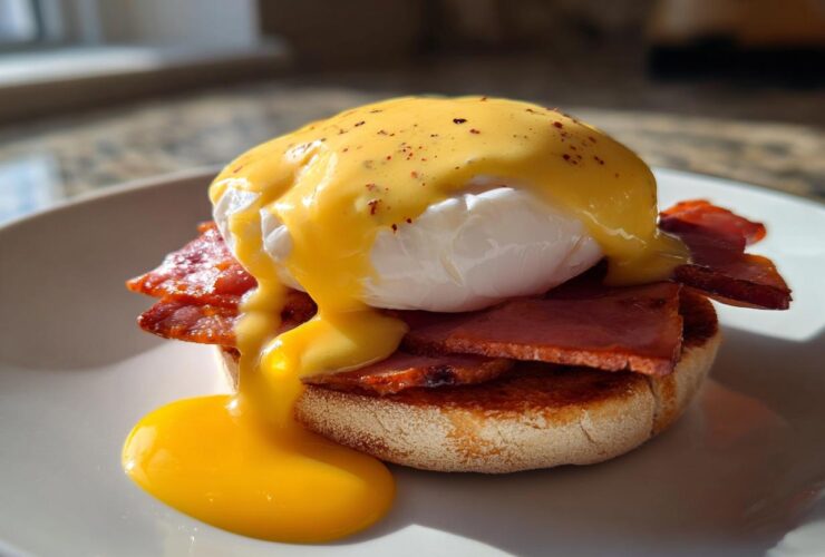 A single serving of eggs benedict featuring a toasted English muffin, Canadian bacon, a poached egg, and rich hollandaise sauce dripping onto the plate.