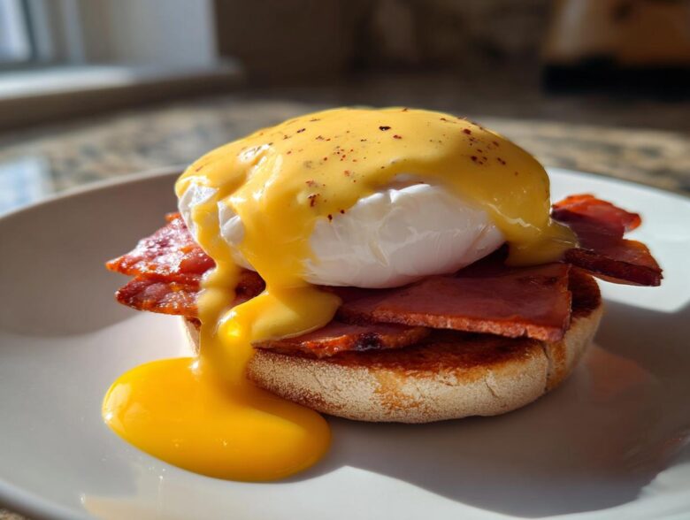 A single serving of eggs benedict featuring a toasted English muffin, Canadian bacon, a poached egg, and rich hollandaise sauce dripping onto the plate.
