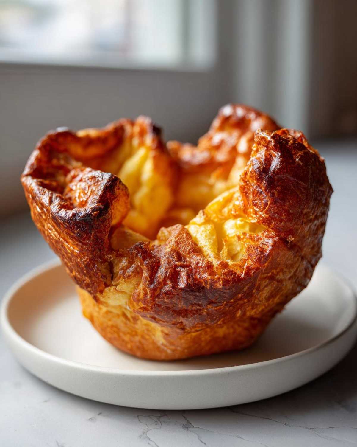 A single, tall, golden-brown yorkshire pudding with crispy edges sitting on a small white plate.