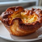 A single, tall, and deeply golden brown Yorkshire pudding sitting on a white plate, showcasing its impressive height.