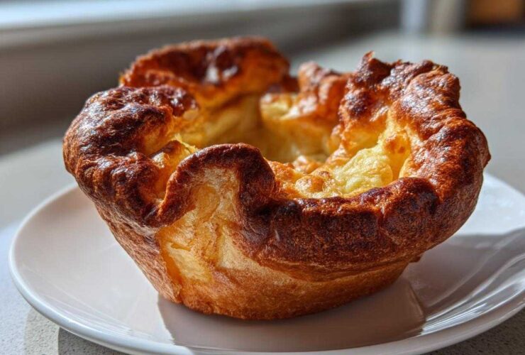 A single, tall, and deeply golden brown Yorkshire pudding sitting on a white plate, showcasing its impressive height.