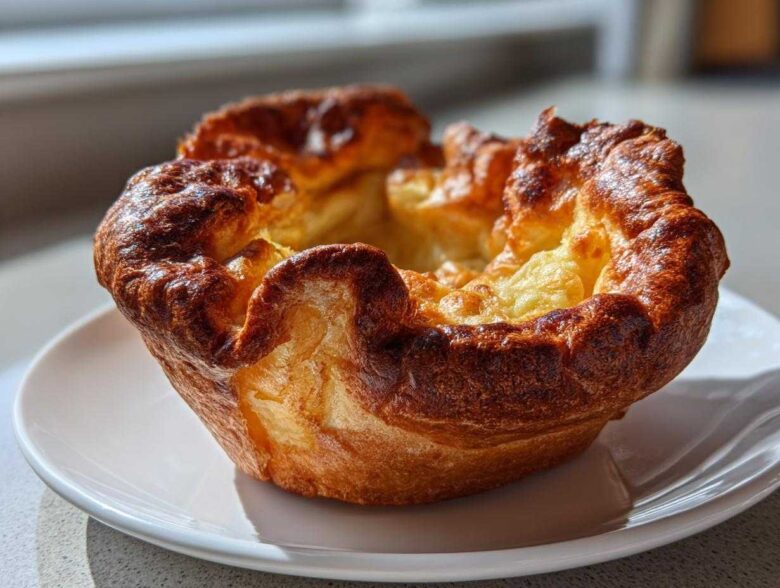 A single, tall, and deeply golden brown Yorkshire pudding sitting on a white plate, showcasing its impressive height.