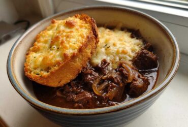 A bowl of rich French onion beef stew topped with melted cheese and a slice of cheesy garlic bread.