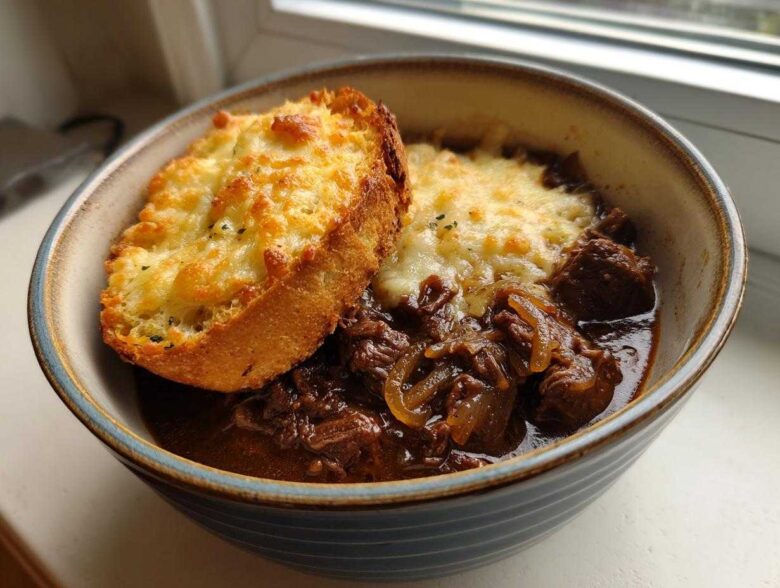 A bowl of rich French onion beef stew topped with melted cheese and a slice of cheesy garlic bread.