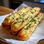 Close-up of four golden breadsticks generously coated in garlic butter and fresh parsley.