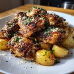 Close-up of crispy, browned garlic parmesan chicken and roasted potatoes topped with grated cheese and parsley.