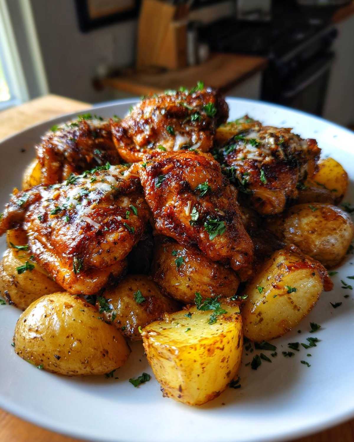 Close-up of seasoned chicken thighs and roasted potatoes served together, topped with parmesan and parsley for garlic parmesan chicken and potatoes.