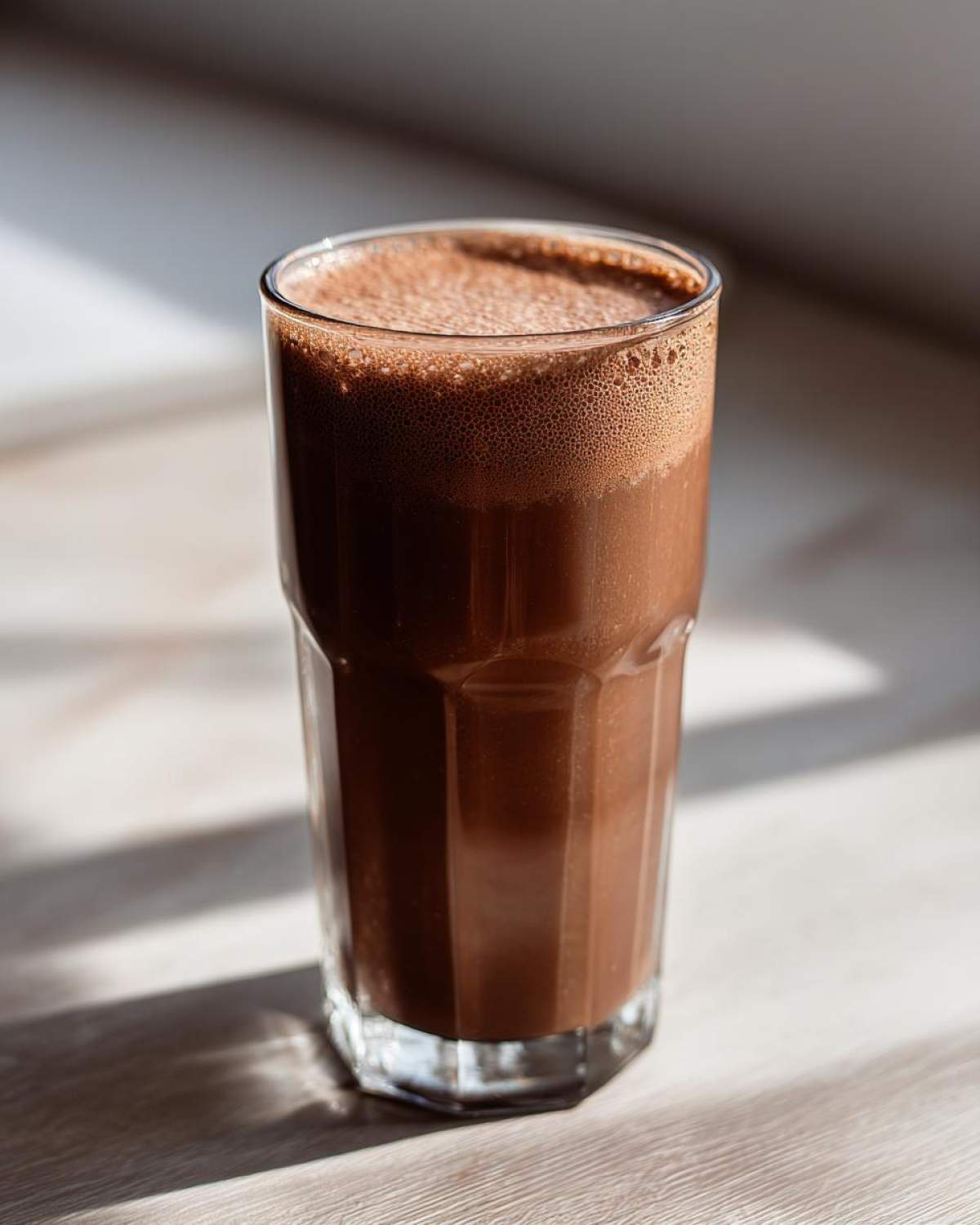 A tall glass filled with rich, foamy chocolate milk sitting on a light wooden surface in bright sunlight.