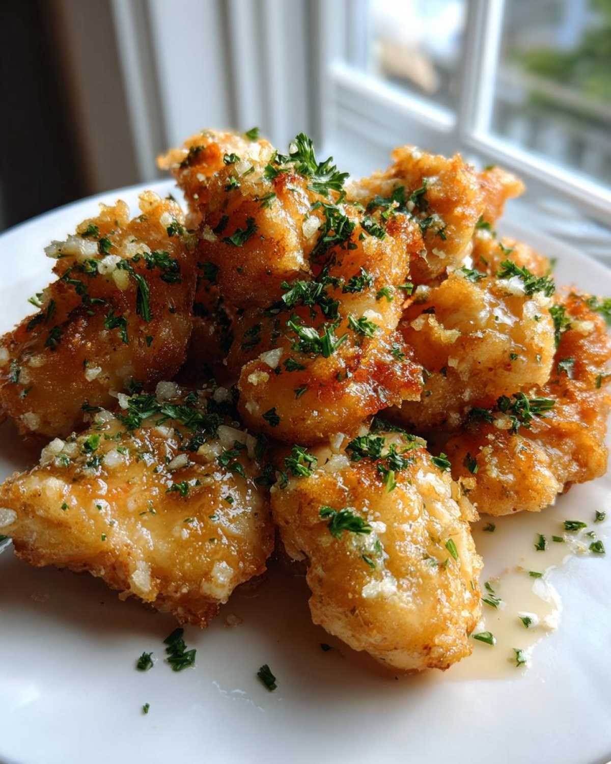 Close-up of golden brown, crispy chicken bites coated in a light glaze and sprinkled generously with minced garlic and fresh parsley.