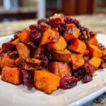 A mound of glistening, roasted sweet potato salad cubes mixed with pecans and dried cranberries on a white plate.