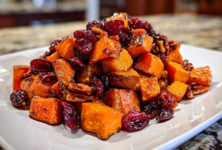 A mound of glistening, roasted sweet potato salad cubes mixed with pecans and dried cranberries on a white plate.