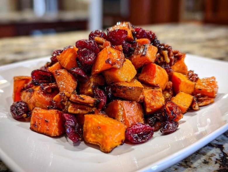 A mound of glistening, roasted sweet potato salad cubes mixed with pecans and dried cranberries on a white plate.