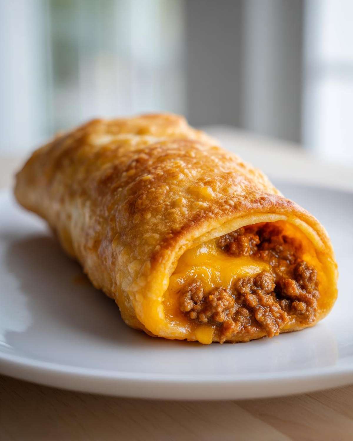 Close-up of a golden brown, crispy cheesy pocket tacos filled with seasoned ground beef and melted cheddar cheese.