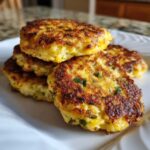 A stack of four golden brown, pan-fried mashed potato cakes flecked with green herbs served on a white plate.