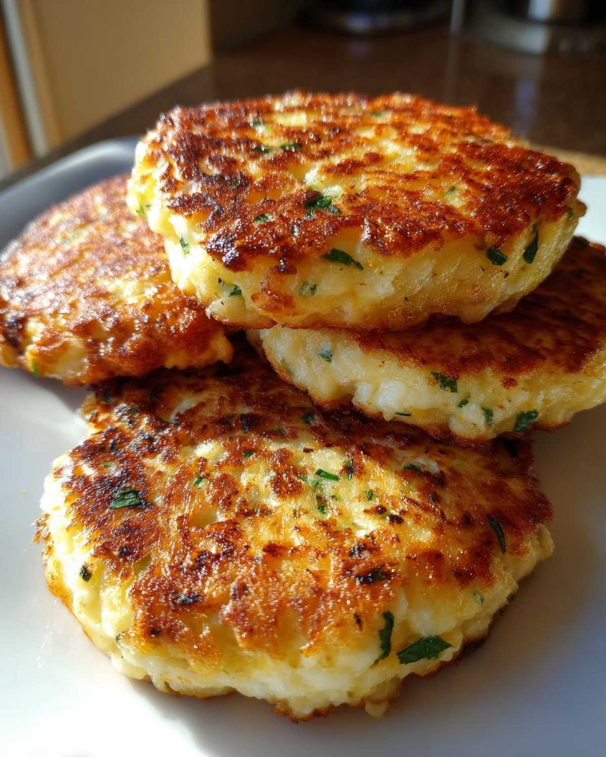 A stack of four golden brown, pan-fried mashed potato cakes flecked with green herbs.