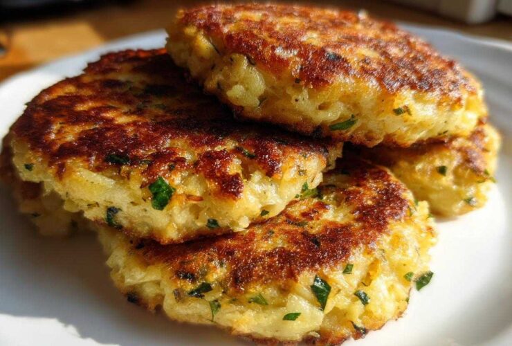 A stack of four golden brown, pan-fried mashed potato cakes seasoned with green herbs.