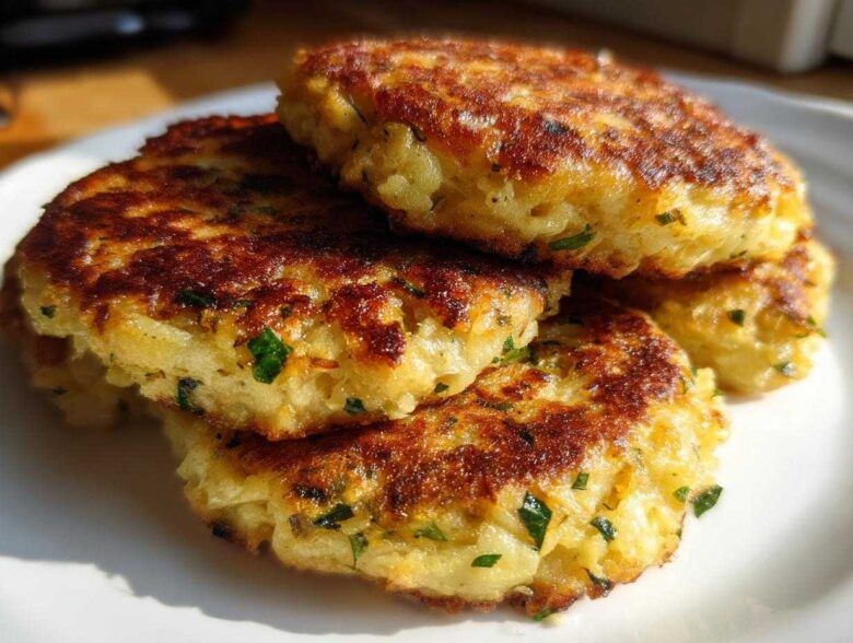 A stack of four golden brown, pan-fried mashed potato cakes seasoned with green herbs.