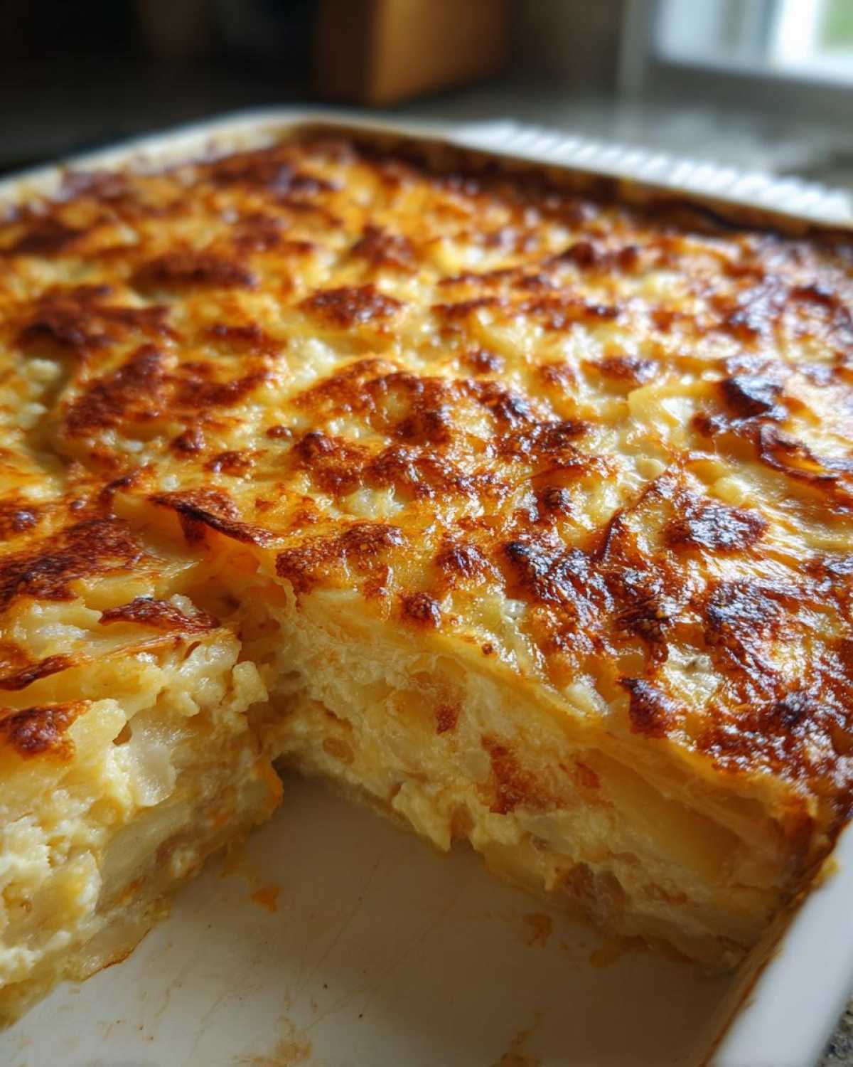 Close-up of a pan of creamy, layered scalloped potatoes with a deeply browned, cheesy top.