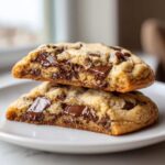Two halves of a soft, thick chocolate chip cookies stacked, showing melted chocolate chunks inside.