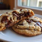 Two amazing 190 calorie chocolate chip cookies, one broken in half showing a molten, gooey chocolate center.