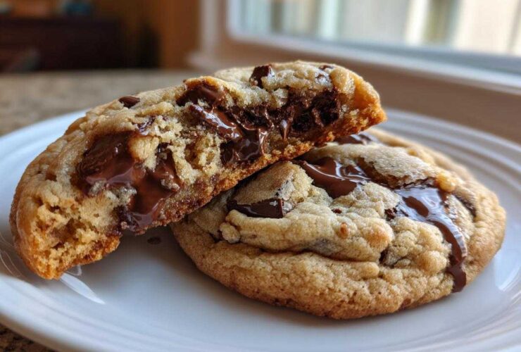 Two amazing 190 calorie chocolate chip cookies, one broken in half showing a molten, gooey chocolate center.