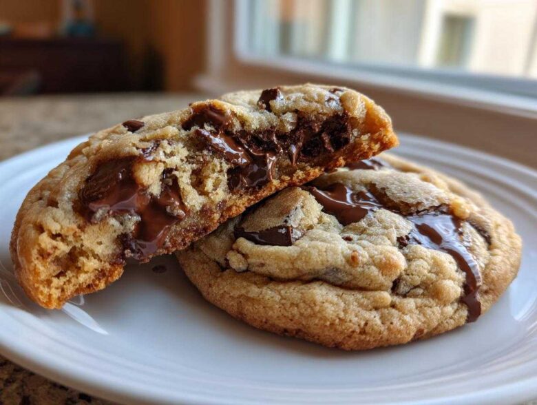 Two amazing 190 calorie chocolate chip cookies, one broken in half showing a molten, gooey chocolate center.