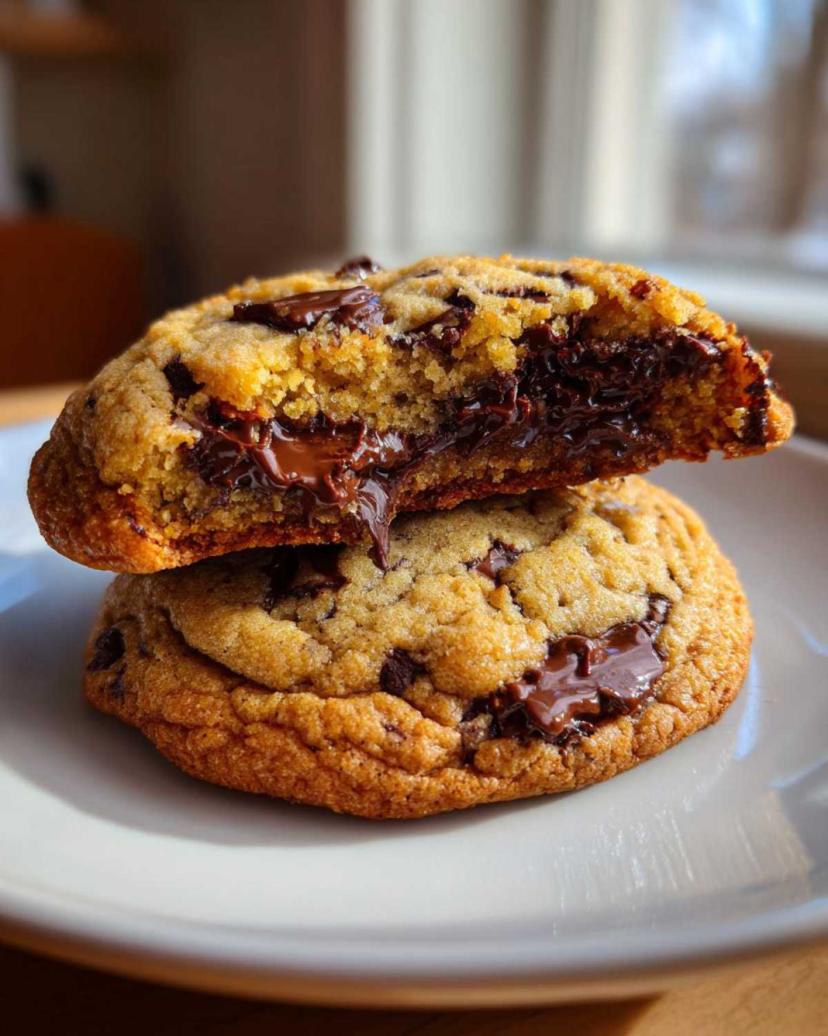 Close-up of two stacked chocolate chip cookies, the top one broken open revealing a molten, gooey chocolate center.