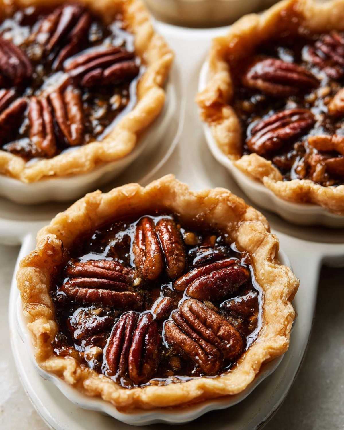 Close-up shot of three glistening mini pecan pies with flaky crusts and whole pecans on top.