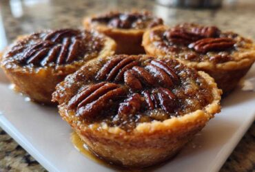 Four glistening mini pecan pies with caramelized filling and whole pecans on top, served on a white rectangular plate.