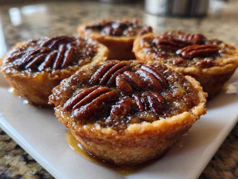 Four glistening mini pecan pies with caramelized filling and whole pecans on top, served on a white rectangular plate.