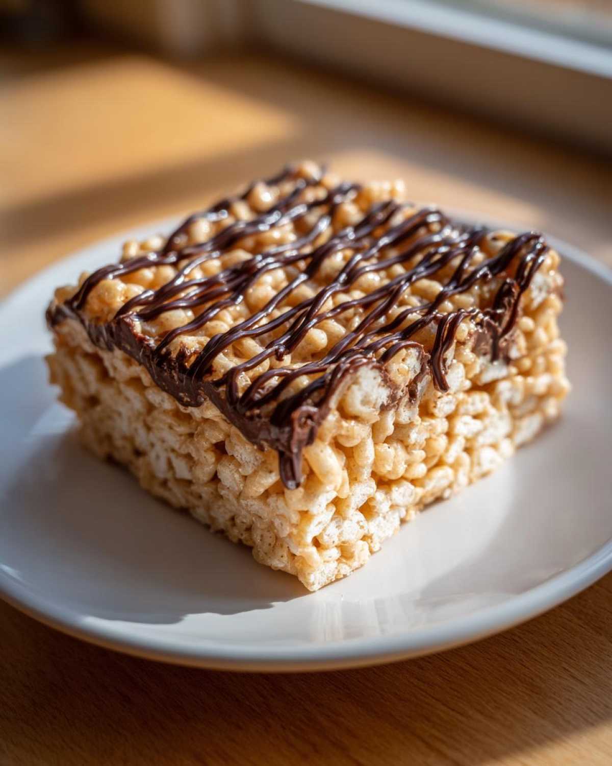 A single square of gooey peanut butter rice krispie treats topped with a chocolate drizzle.
