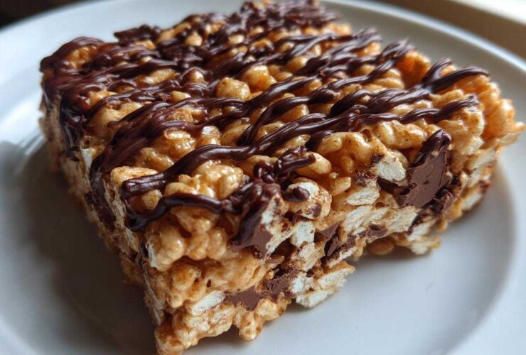 A close-up of a gooey peanut butter rice krispie treats square drizzled with melted chocolate.